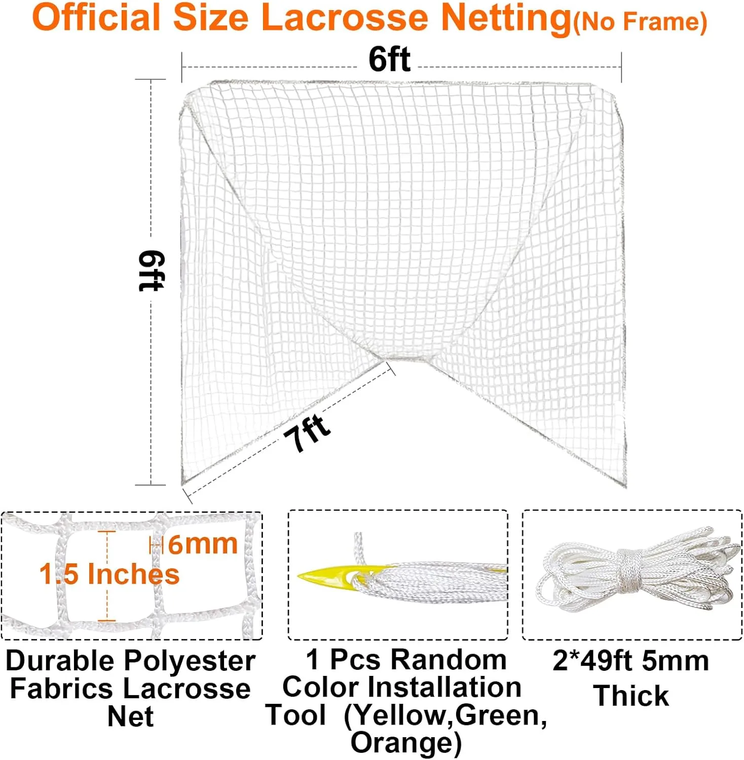 1/2Pcs 4/5/6mm 6’X6’X7’ Heavy Duty Lacrosse Goal Net with 1/2XRandom Color Installation Tool and 2/4X49ft Lacrosse Net Lacing Rope Lacrosse Replacement Net for Lacrosse Practice，Competition