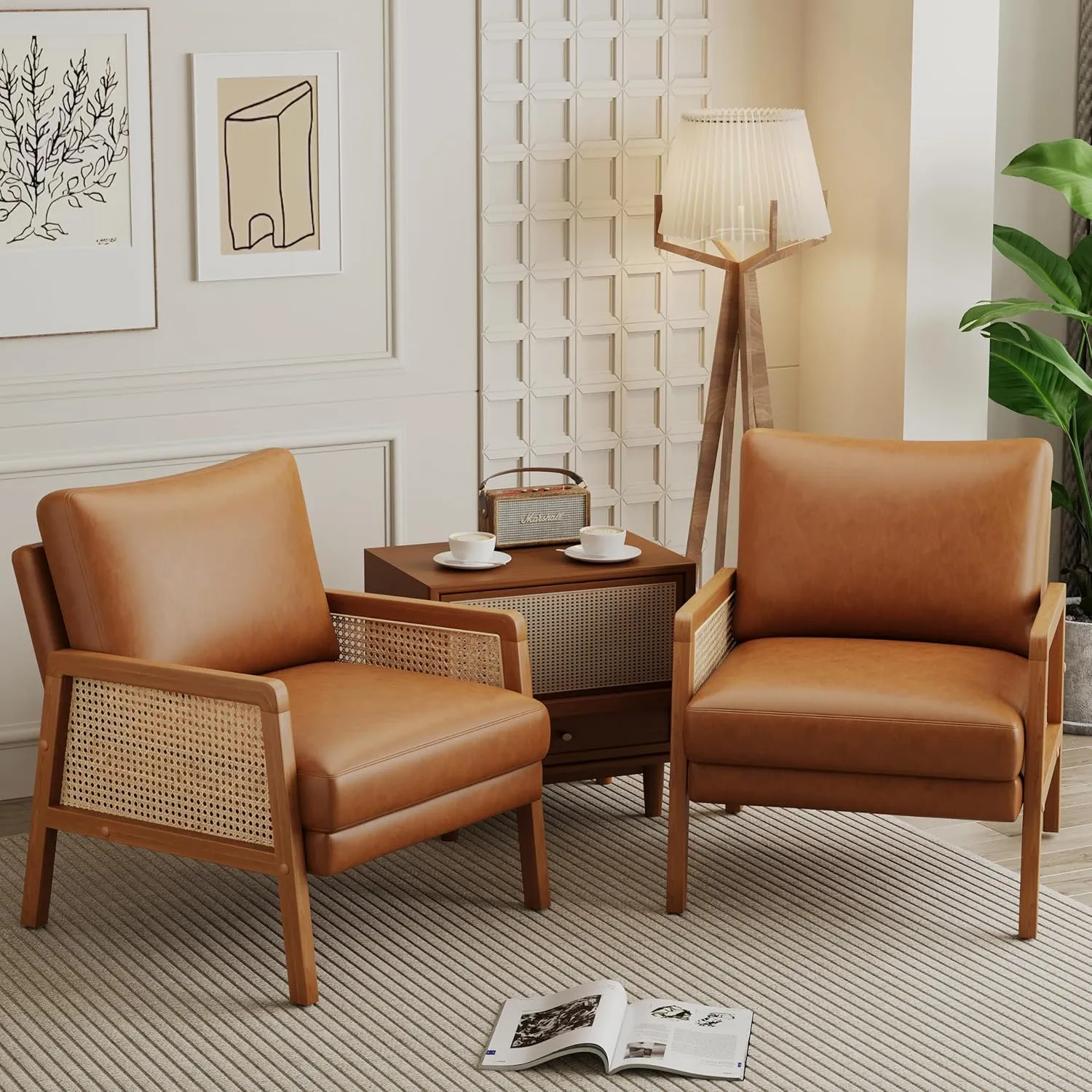 Alunaune Brown Accent Chair Natural Rattan Armchair Upholstered Living Room Chairs, Modern Faux Leather Slipper Club Chair Guest Reception Couch Comfy Single Sofa for Reading Bedroom