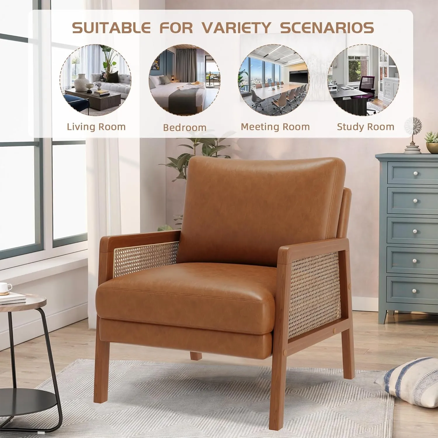 Alunaune Brown Accent Chair Natural Rattan Armchair Upholstered Living Room Chairs, Modern Faux Leather Slipper Club Chair Guest Reception Couch Comfy Single Sofa for Reading Bedroom