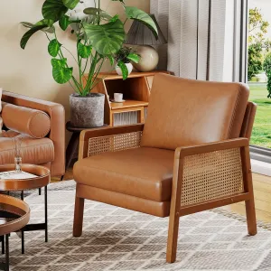 Alunaune Brown Accent Chair Natural Rattan Armchair Upholstered Living Room Chairs, Modern Faux Leather Slipper Club Chair Guest Reception Couch Comfy Single Sofa for Reading Bedroom