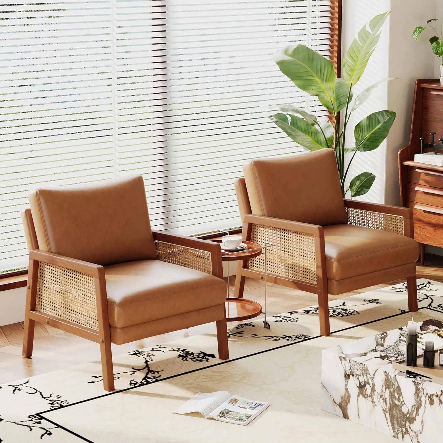 Alunaune Brown Accent Chair Natural Rattan Armchair Upholstered Living Room Chairs, Modern Faux Leather Slipper Club Chair Guest Reception Couch Comfy Single Sofa for Reading Bedroom
