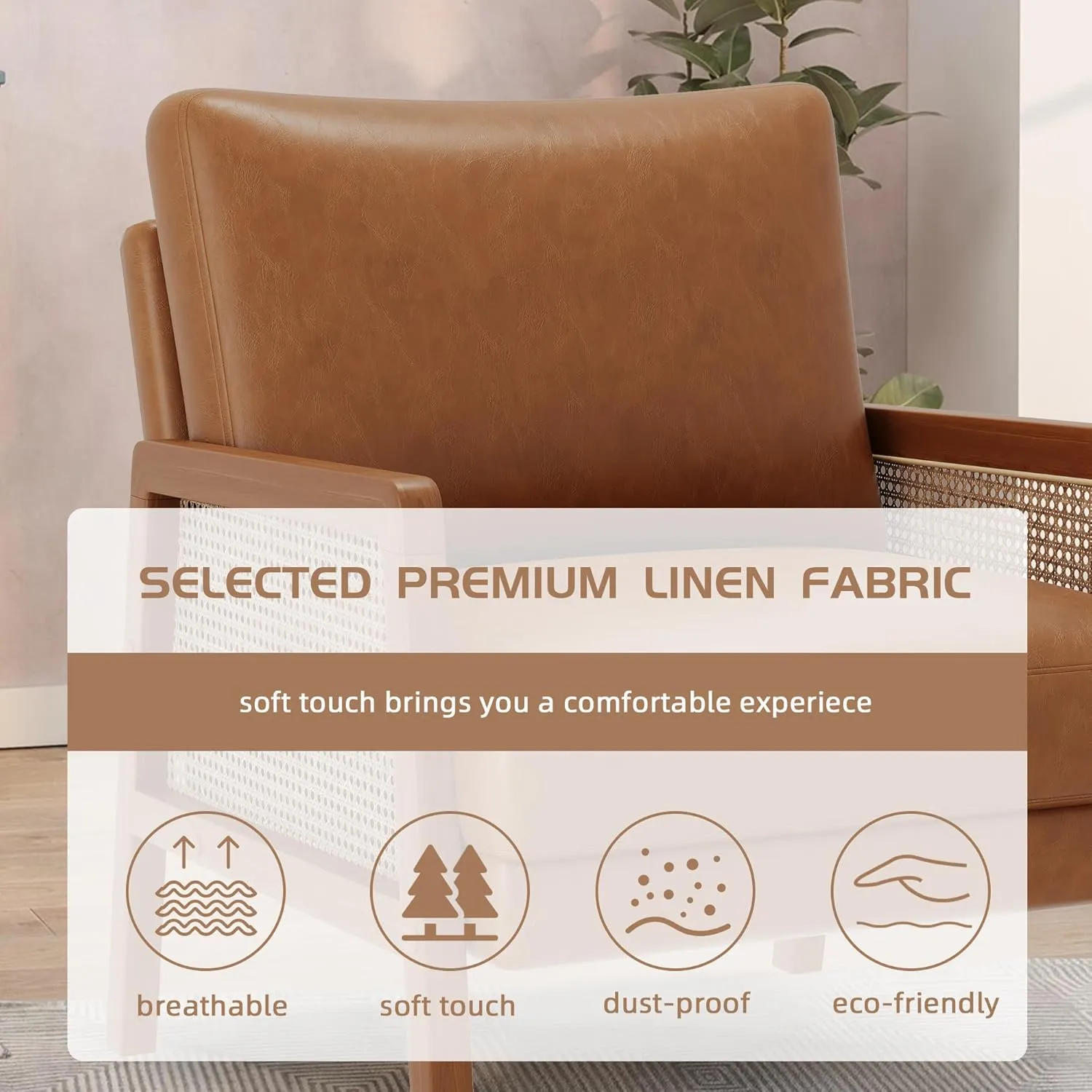 Alunaune Brown Accent Chair Natural Rattan Armchair Upholstered Living Room Chairs, Modern Faux Leather Slipper Club Chair Guest Reception Couch Comfy Single Sofa for Reading Bedroom