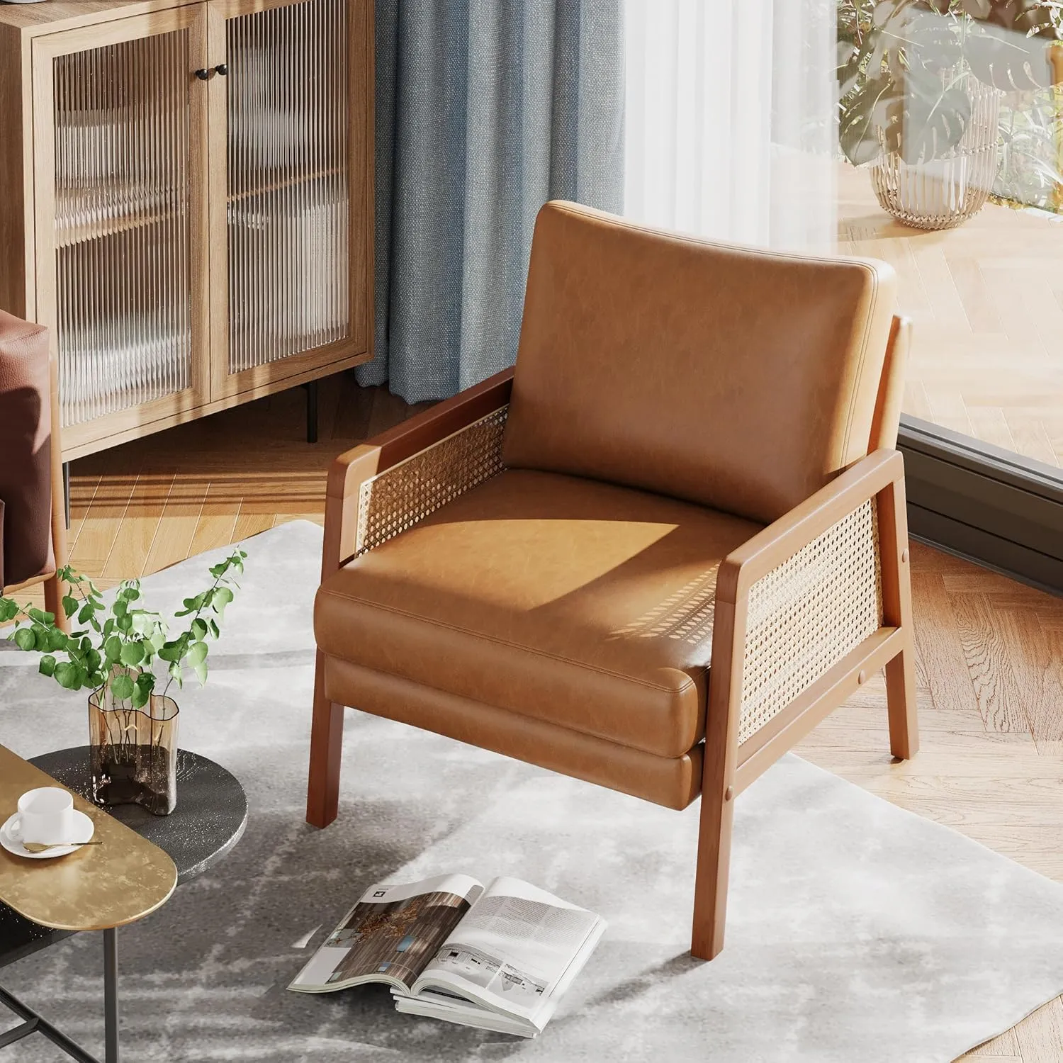 Alunaune Brown Accent Chair Natural Rattan Armchair Upholstered Living Room Chairs, Modern Faux Leather Slipper Club Chair Guest Reception Couch Comfy Single Sofa for Reading Bedroom