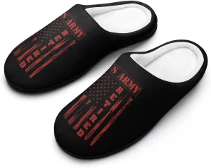 Army Retired Flag Cotton Slippers with Non Slip Rubber Soles Winter House Shoes Washable for Indoor Outdoor
