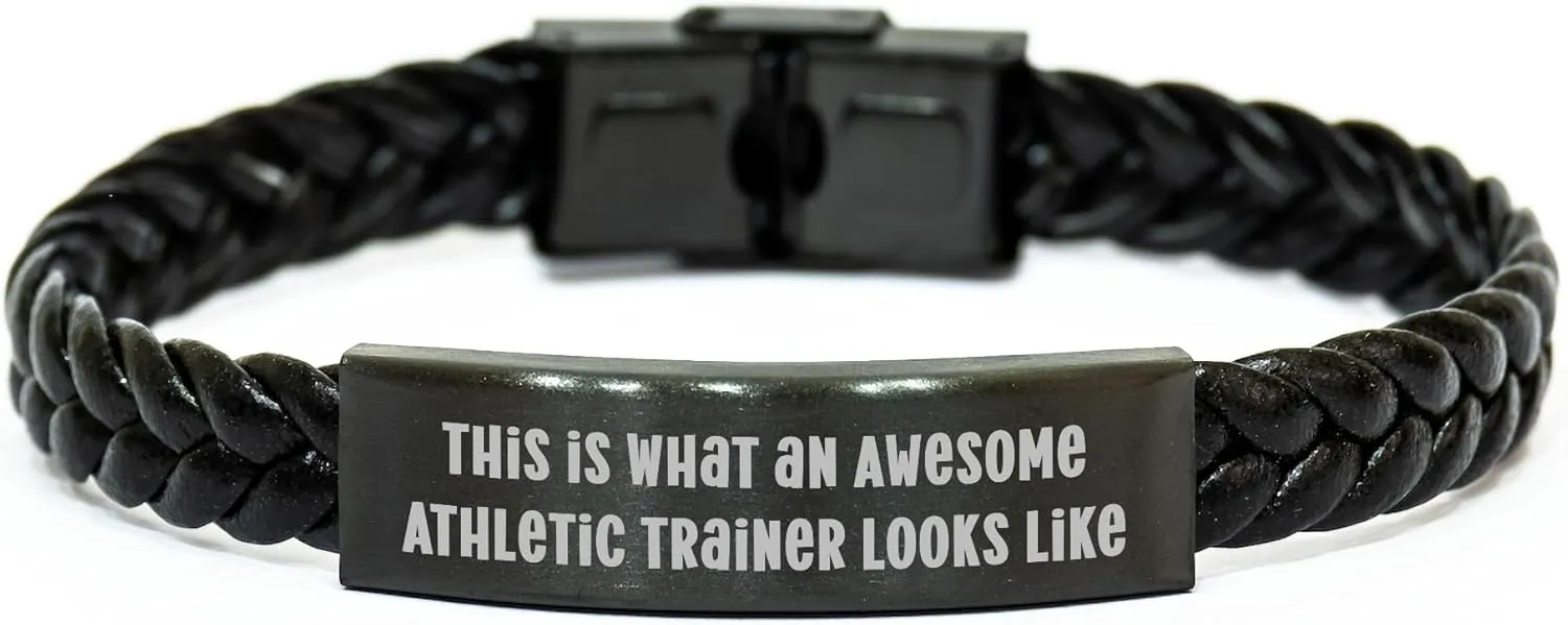 Awesome Athletic Trainer Gifts - Inspirational Interlaced Leather Wrap for Athletes - Durable Stainless Steel Engraved Trainers' Friendship Christmas Memorable Presents