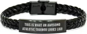 Awesome Athletic Trainer Gifts - Inspirational Interlaced Leather Wrap for Athletes - Durable Stainless Steel Engraved Trainers' Friendship Christmas Memorable Presents