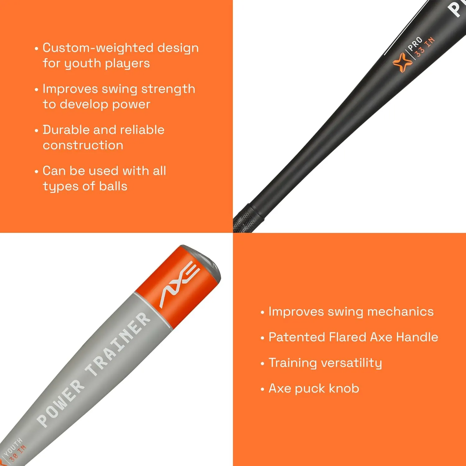 Axe | Power Trainer | Weighted Baseball Training Bat | Pro Flared Handle | 30" Youth / 33" Adult