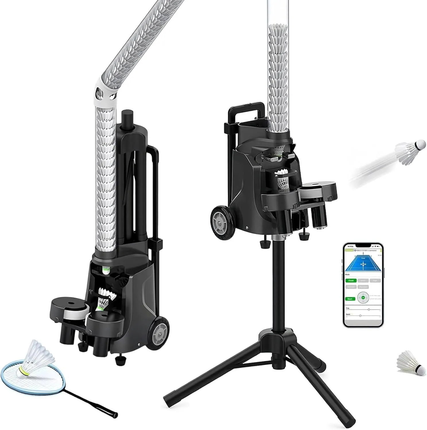 Badminton Training Machine, Automatic Shuttlecock Launcher with APP Control,Hold 52 Balls at Once, Serving Frequency: 1.0S-5S,Serve Height 7M,Training Equipment for Players & Coaches