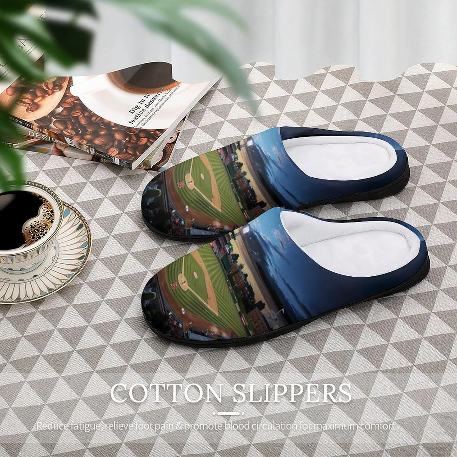 Baseball Ballpark Cityscape Mens Slippers Casual Slip On Warm House Shoes with Rubber Sole Indoor Outdoor