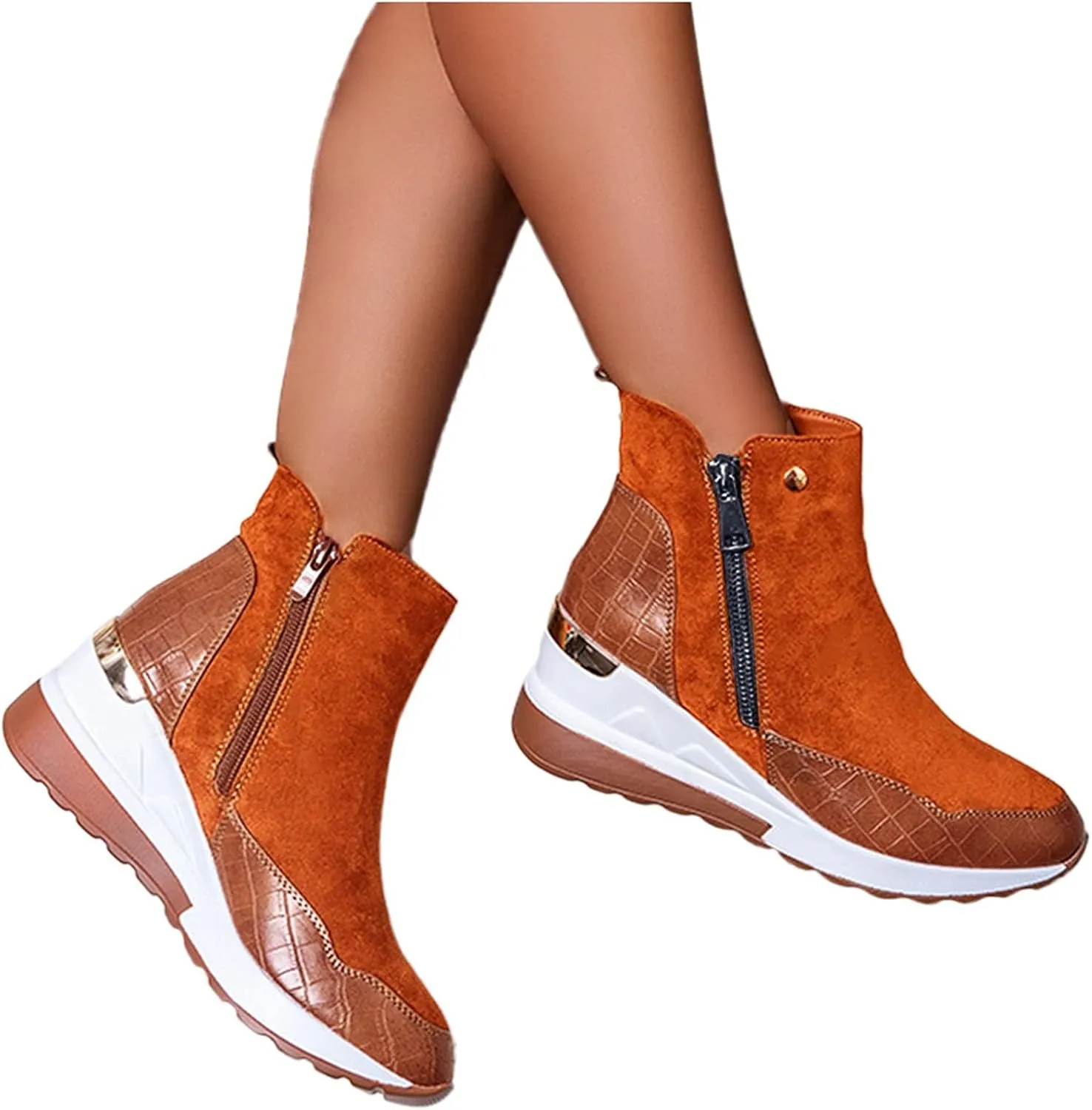 Black Mid Calf Boots For Women Low Heel Wedge Platform Boots Women Fashion Casual Zipper High Top Fashion Sneakers