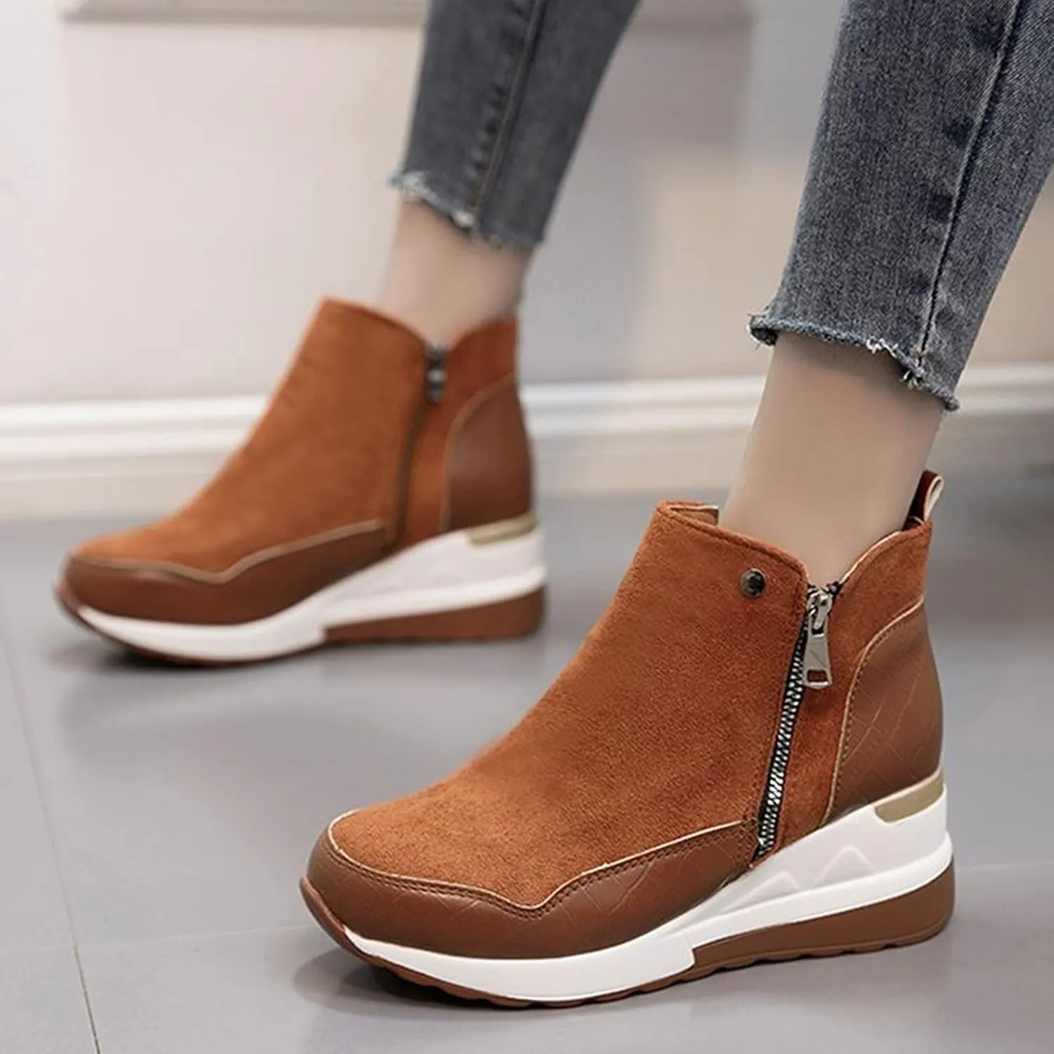 Black Mid Calf Boots For Women Low Heel Wedge Platform Boots Women Fashion Casual Zipper High Top Fashion Sneakers