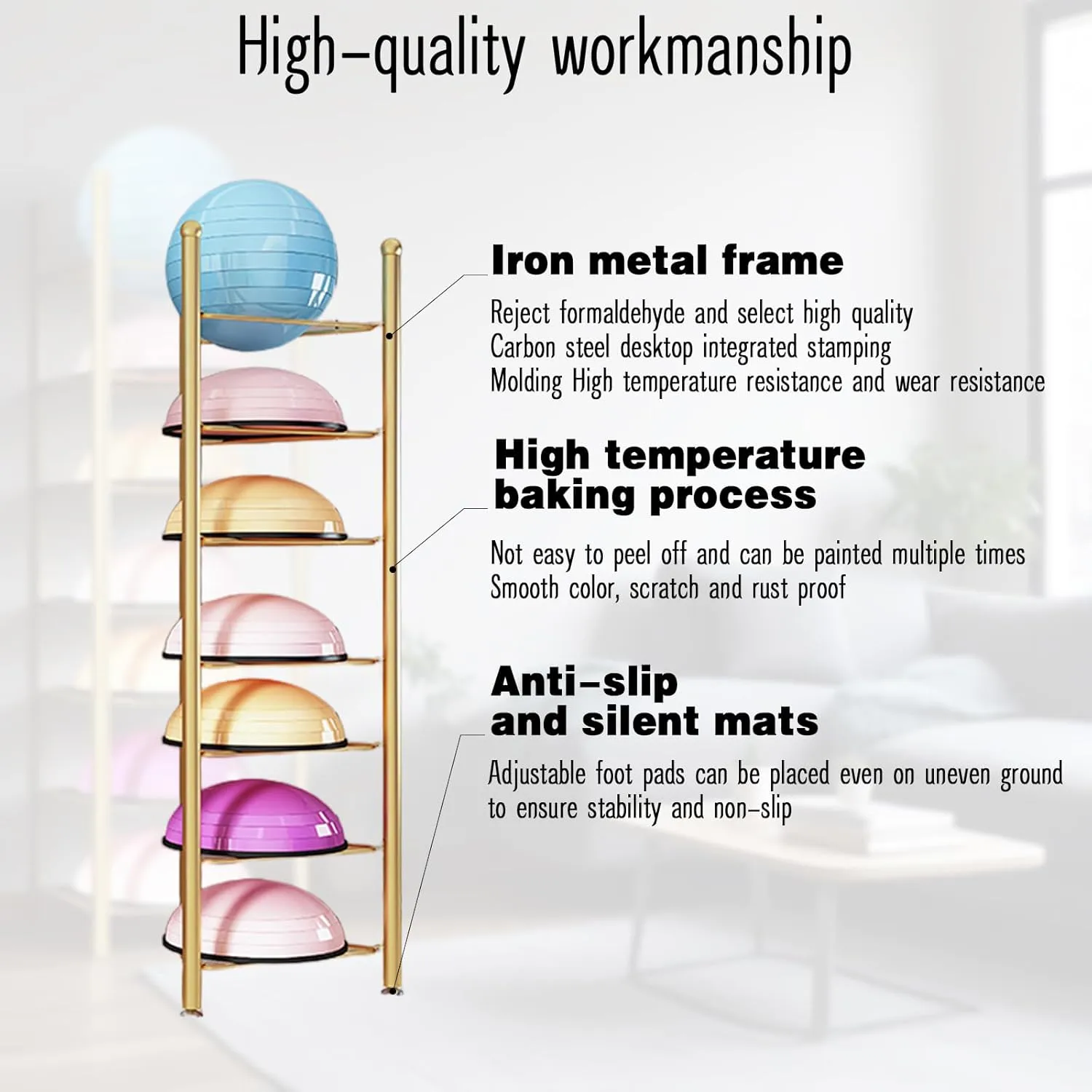 Bosu Ball & Balance Trainer Stand Steel Rack with Non-Slip Base, Durable Finish for Long Term Gym Use, Black, 3 Layers
