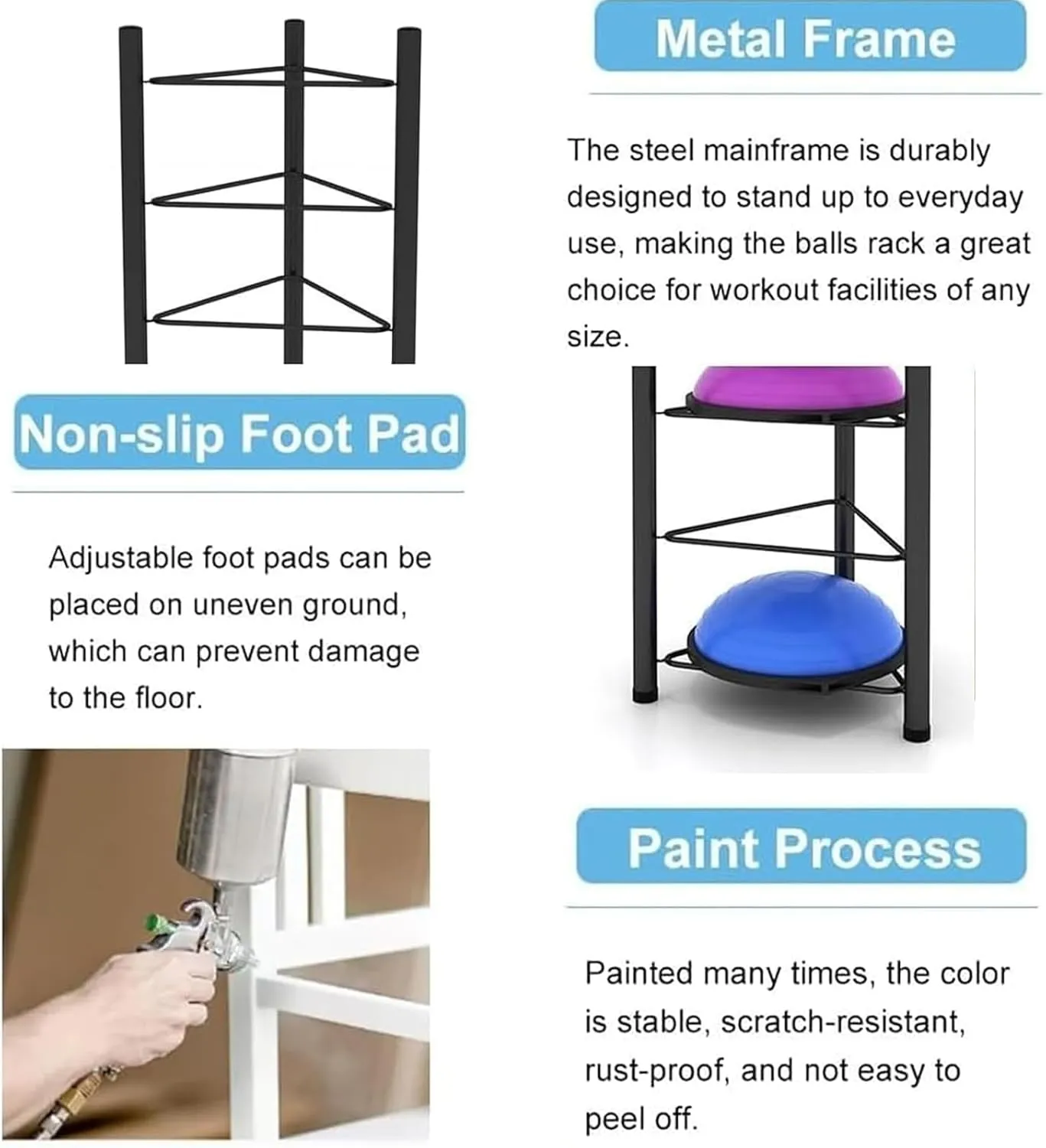 Bosu Ball & Balance Trainer Stand Steel Rack with Non-Slip Base, Durable Finish for Long Term Gym Use, Black, 3 Layers