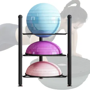 Bosu Ball & Balance Trainer Stand Steel Rack with Non-Slip Base, Durable Finish for Long Term Gym Use, Black, 3 Layers