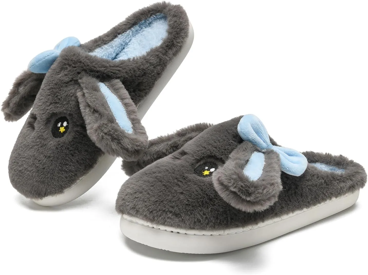 Bunny Animal Slippers for Women and Men, Cute Bow Fuzzy Fluffy Comfy Plush Cartoon Woman Preppy Funny Furry Rabbit Pillow Cloud Home Bedroom House Slipper for Womens Indoor and Outdoor
