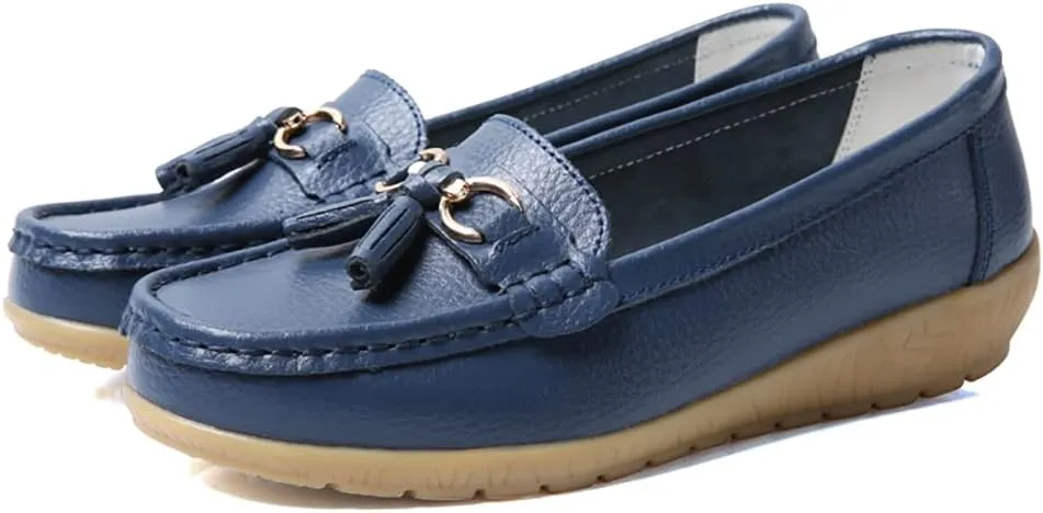Casual Women's Loafers Flat Metal Buckle Comfortable Lightweight Penny Loafers for Womens Leather Slip-on Outdoor Driving Moccasion Boat Shoes