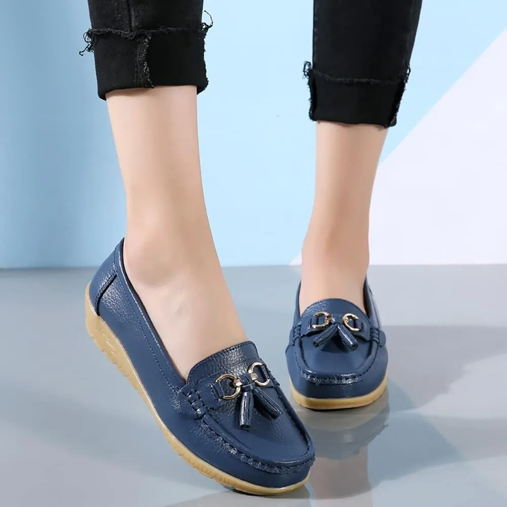 Casual Women's Loafers Flat Metal Buckle Comfortable Lightweight Penny Loafers for Womens Leather Slip-on Outdoor Driving Moccasion Boat Shoes