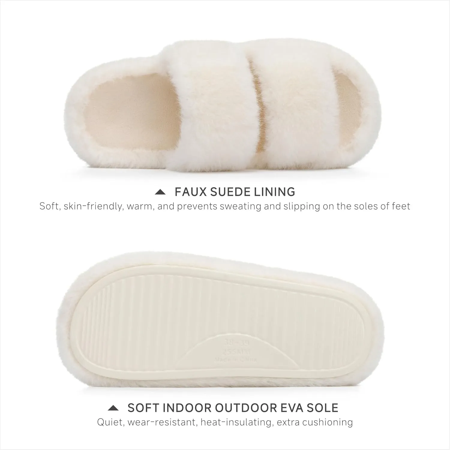 Chantomoo Women's Memory Foam Fuzzy Comfy Faux Fur House Shoes - Furry Bedroom Indoor Open Toe Slippers with Two Bands - Trendy Gift Slippers