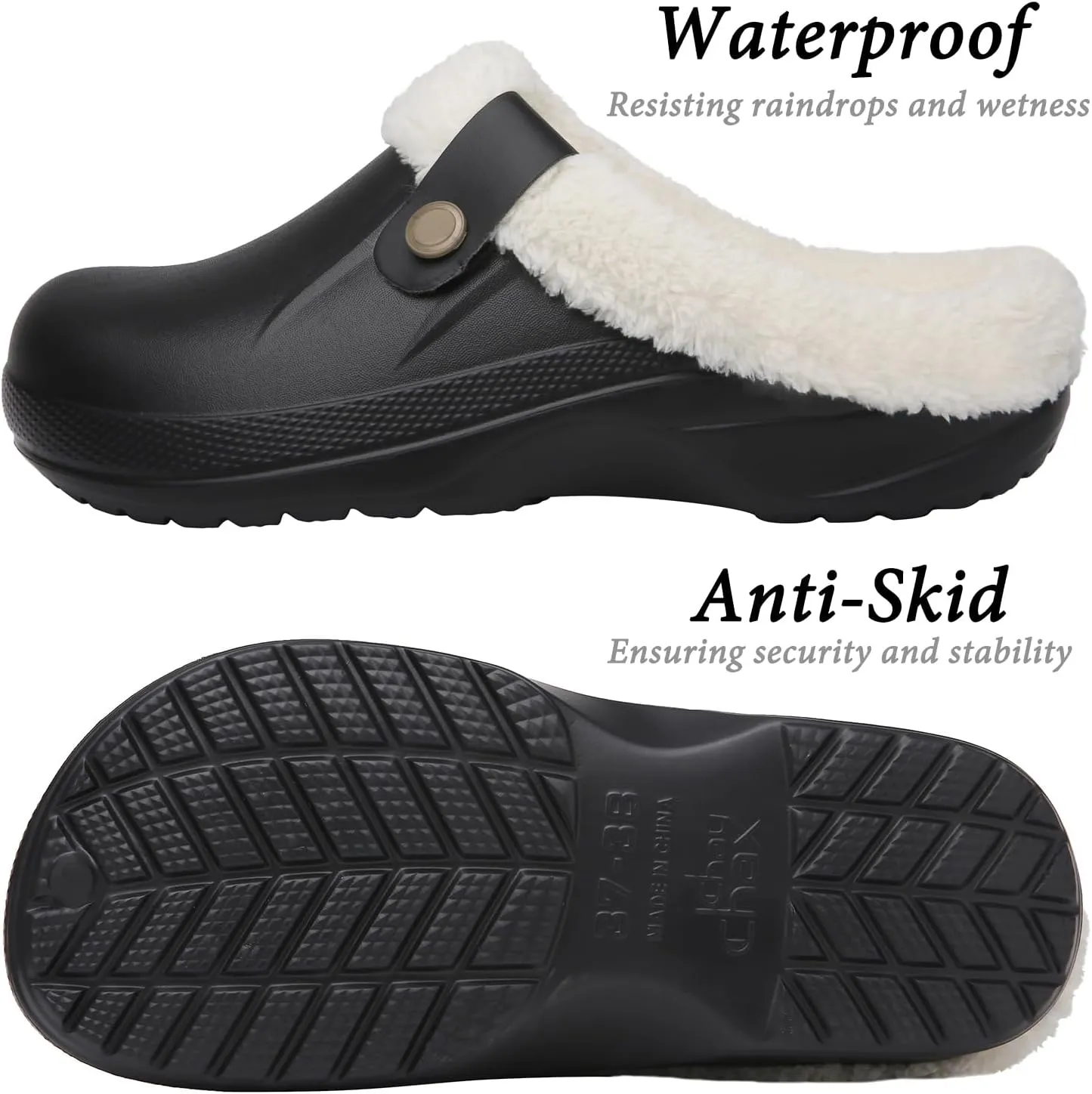 ChayChax Women and Men Fur Lined Clogs Memory Foam Warm Fuzzy Slippers Winter Waterproof Indoor Outdoor Slipper