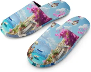 Cherry Blossoms Town Mens Slippers Warm House Shoes Cotton Slippers Home Bedroom Slippers Casual Shoes