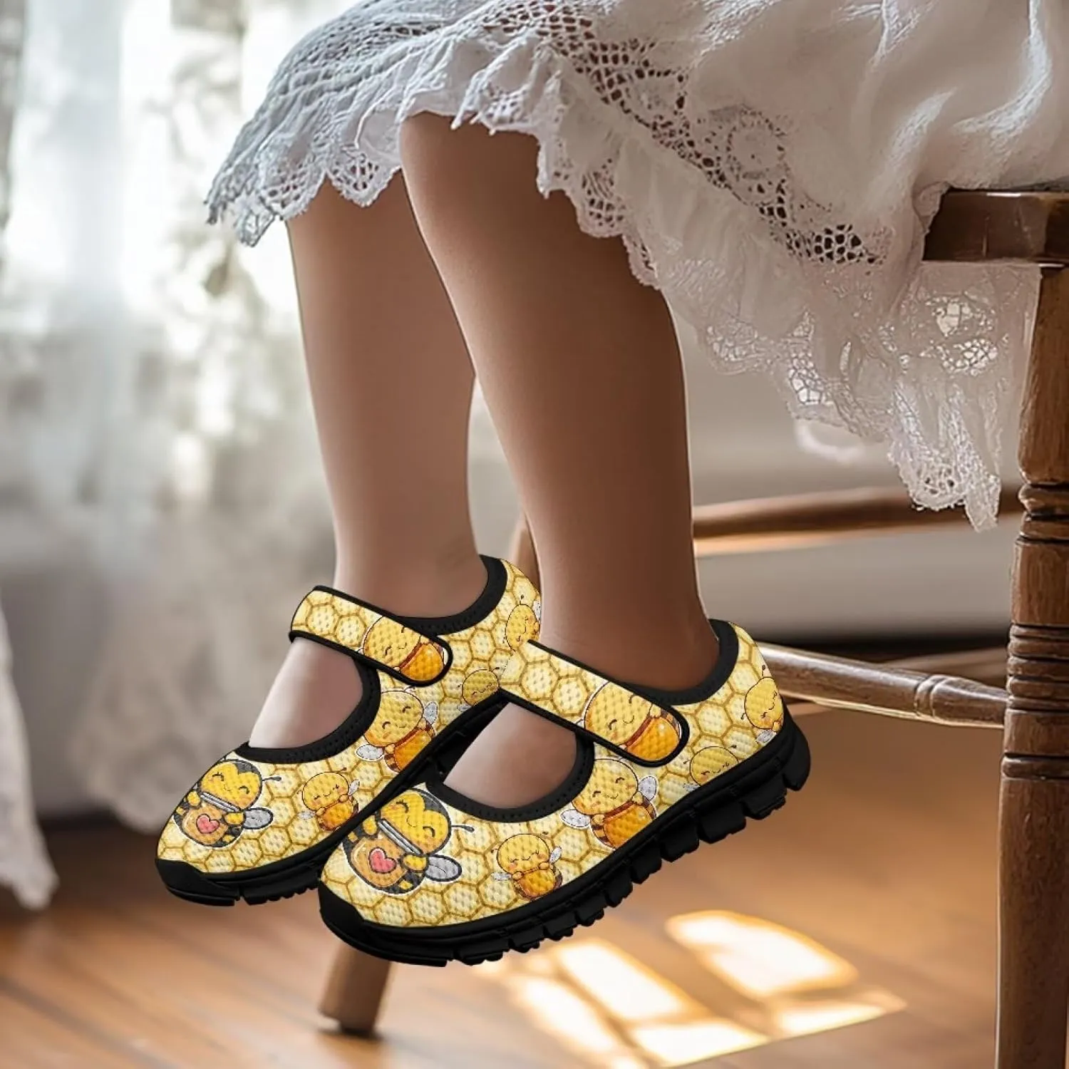 Children's Cartoon Single Buckle Sneaker,Girls Comfort Breathable Mesh Casual Shoes,Low-top Flat Shoes,Black Sole