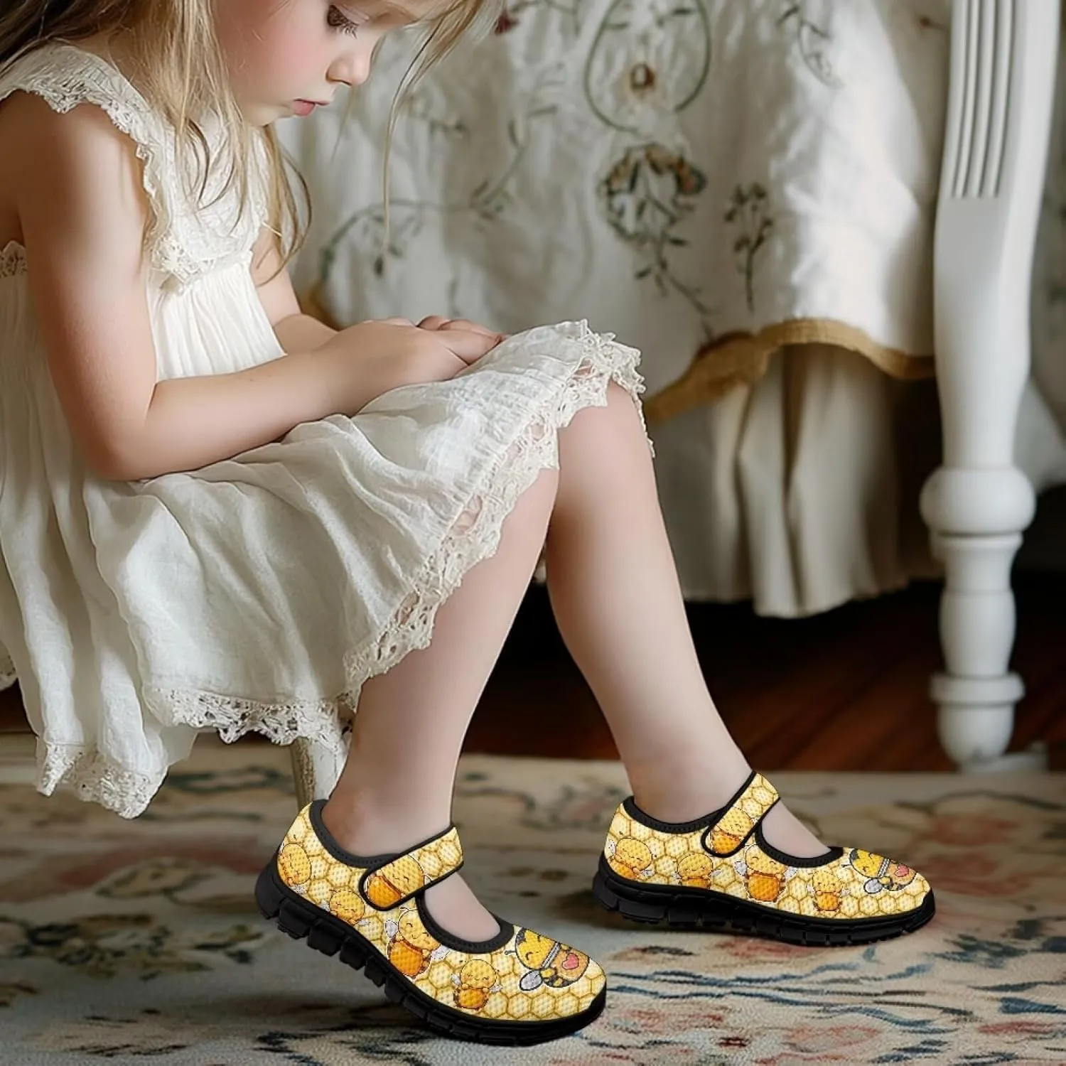 Children's Cartoon Single Buckle Sneaker,Girls Comfort Breathable Mesh Casual Shoes,Low-top Flat Shoes,Black Sole