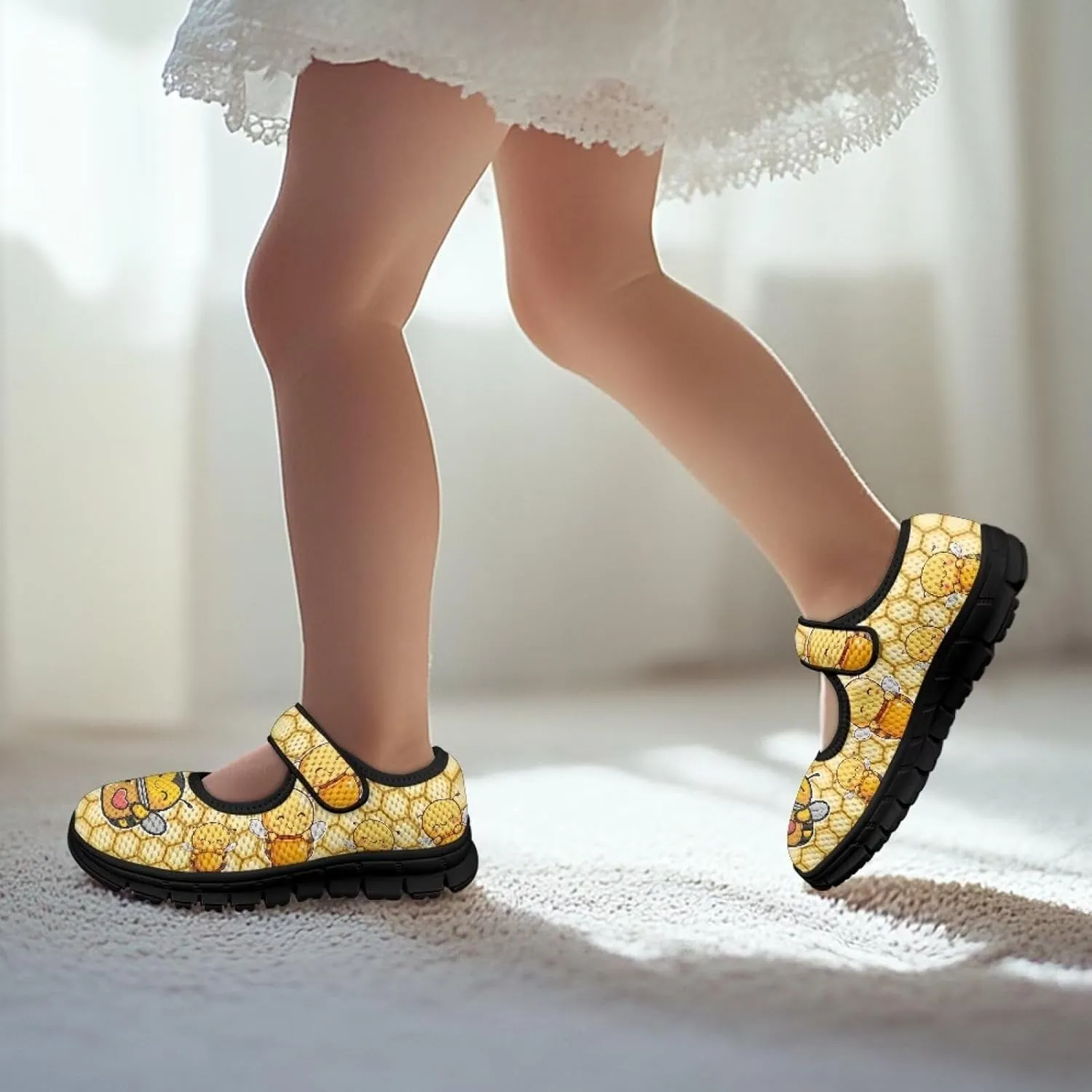Children's Cartoon Single Buckle Sneaker,Girls Comfort Breathable Mesh Casual Shoes,Low-top Flat Shoes,Black Sole