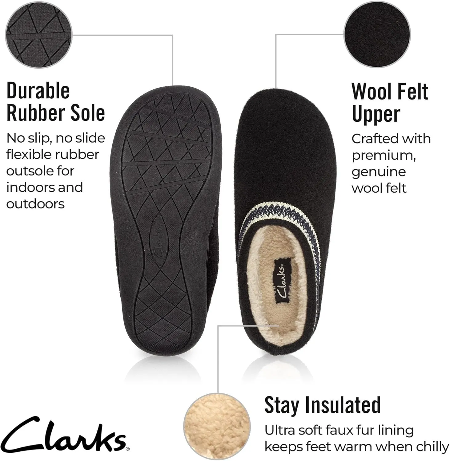 Clarks Womens Wool Felt Clog Slippers JMH1319T - Warm Cozy Plush Faux Fur Lined - Indoor Outdoor House Slipper for Women