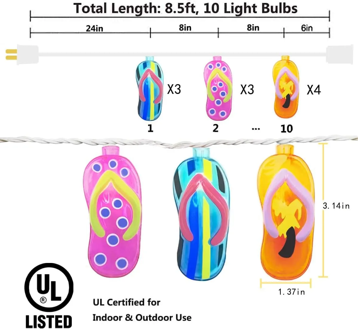 Couah Tropical Beach Themed Slipper String Lights, 3D Flip Flop Party Lantern 8.5ft 10 LED for Bedroom Dorm Wreathe Summer Wedding Birthday Kindergarten Indoor Outdoor Decorations, White Wire