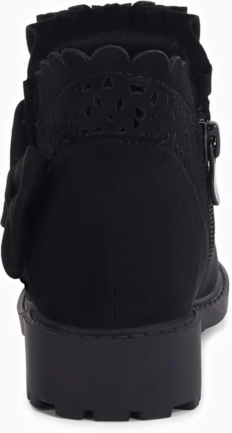 Coutgo Girls Bow Ankle Boots Ruffled Chunky Heel with Classic Side Zipper Dress Booties for Little Kids/Big Kids