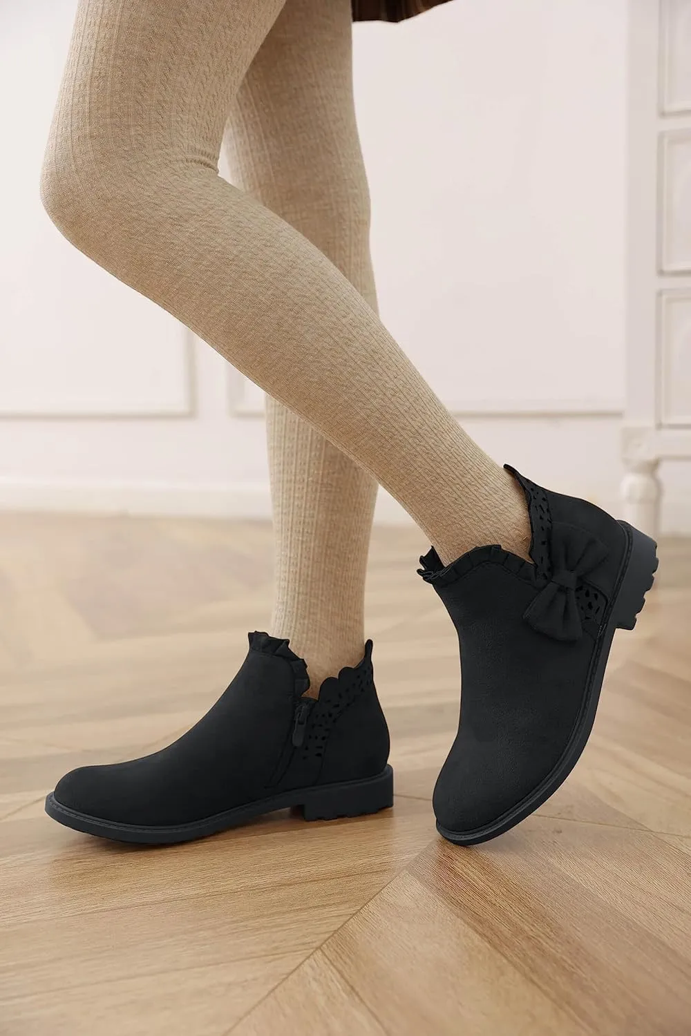 Coutgo Girls Bow Ankle Boots Ruffled Chunky Heel with Classic Side Zipper Dress Booties for Little Kids/Big Kids