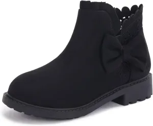 Coutgo Girls Bow Ankle Boots Ruffled Chunky Heel with Classic Side Zipper Dress Booties for Little Kids/Big Kids