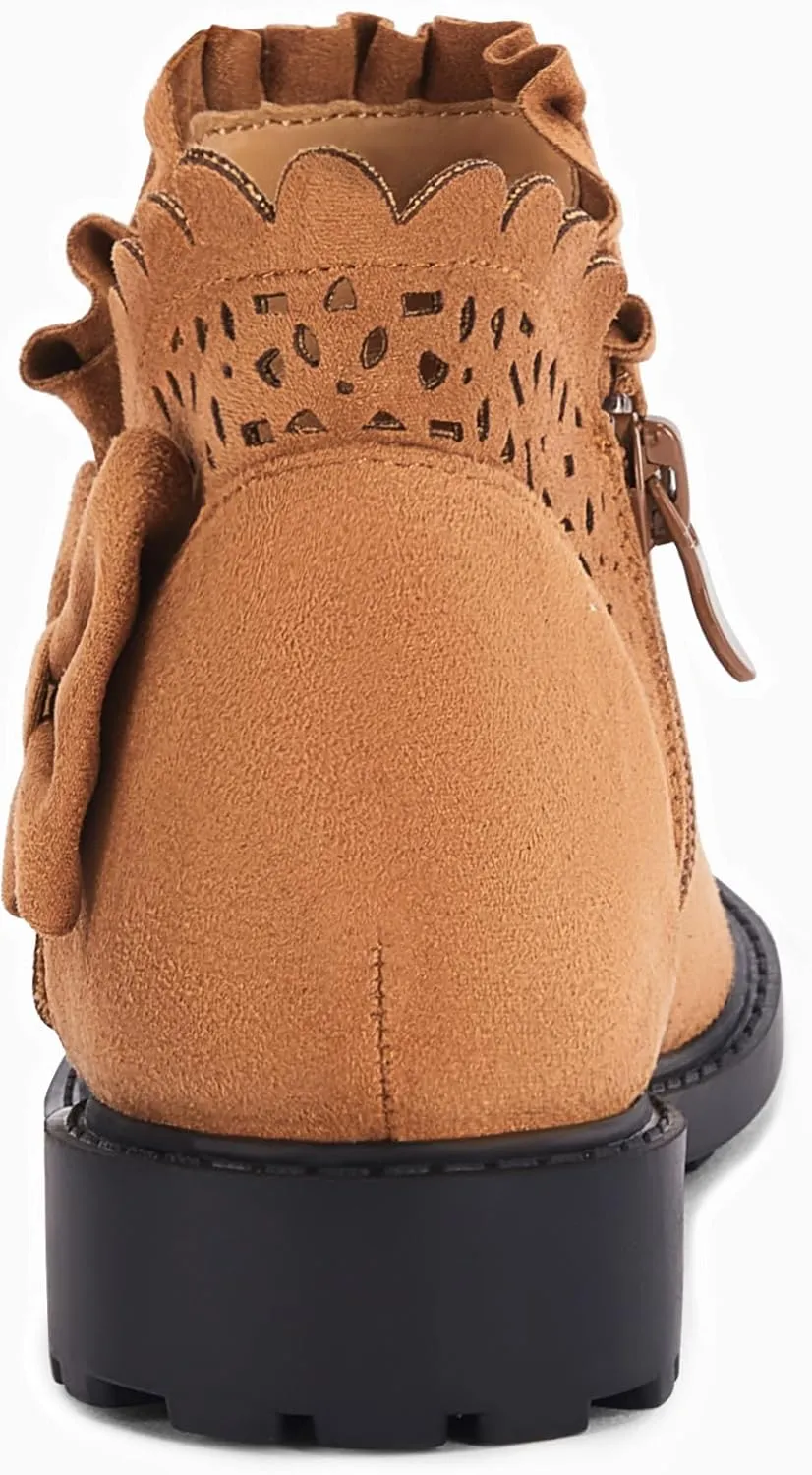 Coutgo Girls Bow Ankle Boots Ruffled Chunky Heel with Classic Side Zipper Dress Booties for Little Kids/Big Kids