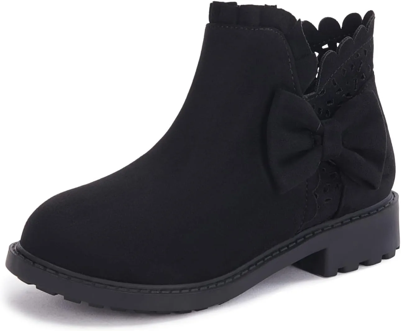 Coutgo Girls Bow Ankle Boots Ruffled Chunky Heel with Classic Side Zipper Dress Booties for Little Kids/Big Kids
