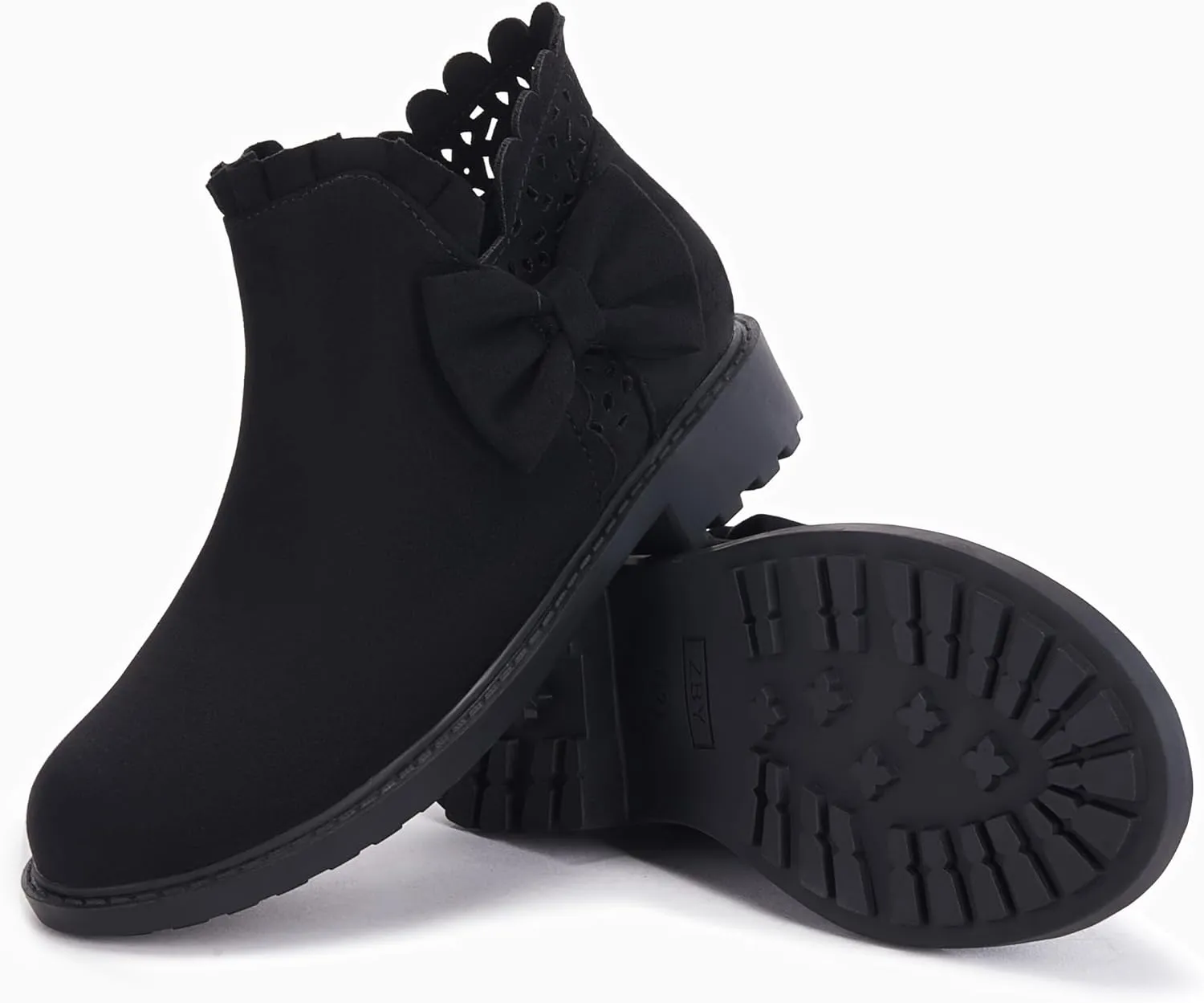 Coutgo Girls Bow Ankle Boots Ruffled Chunky Heel with Classic Side Zipper Dress Booties for Little Kids/Big Kids