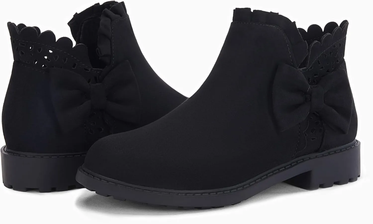 Coutgo Girls Bow Ankle Boots Ruffled Chunky Heel with Classic Side Zipper Dress Booties for Little Kids/Big Kids