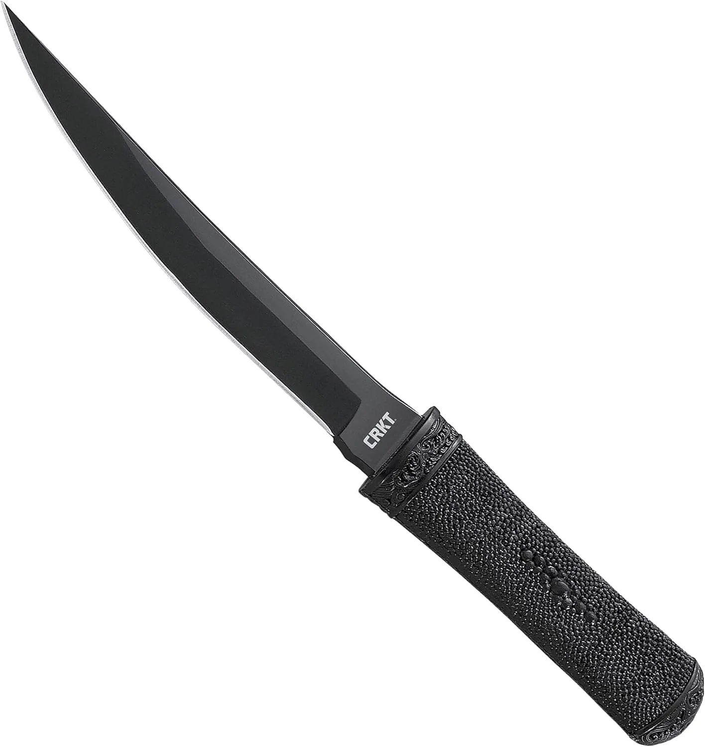 CRKT Hissatsu Fixed Blade Knife with Sheath: Law Enforcement, Survival, Black Dual Grind Tanto, Textured Rubber Grip, Molle Compatible Sheath 2907K