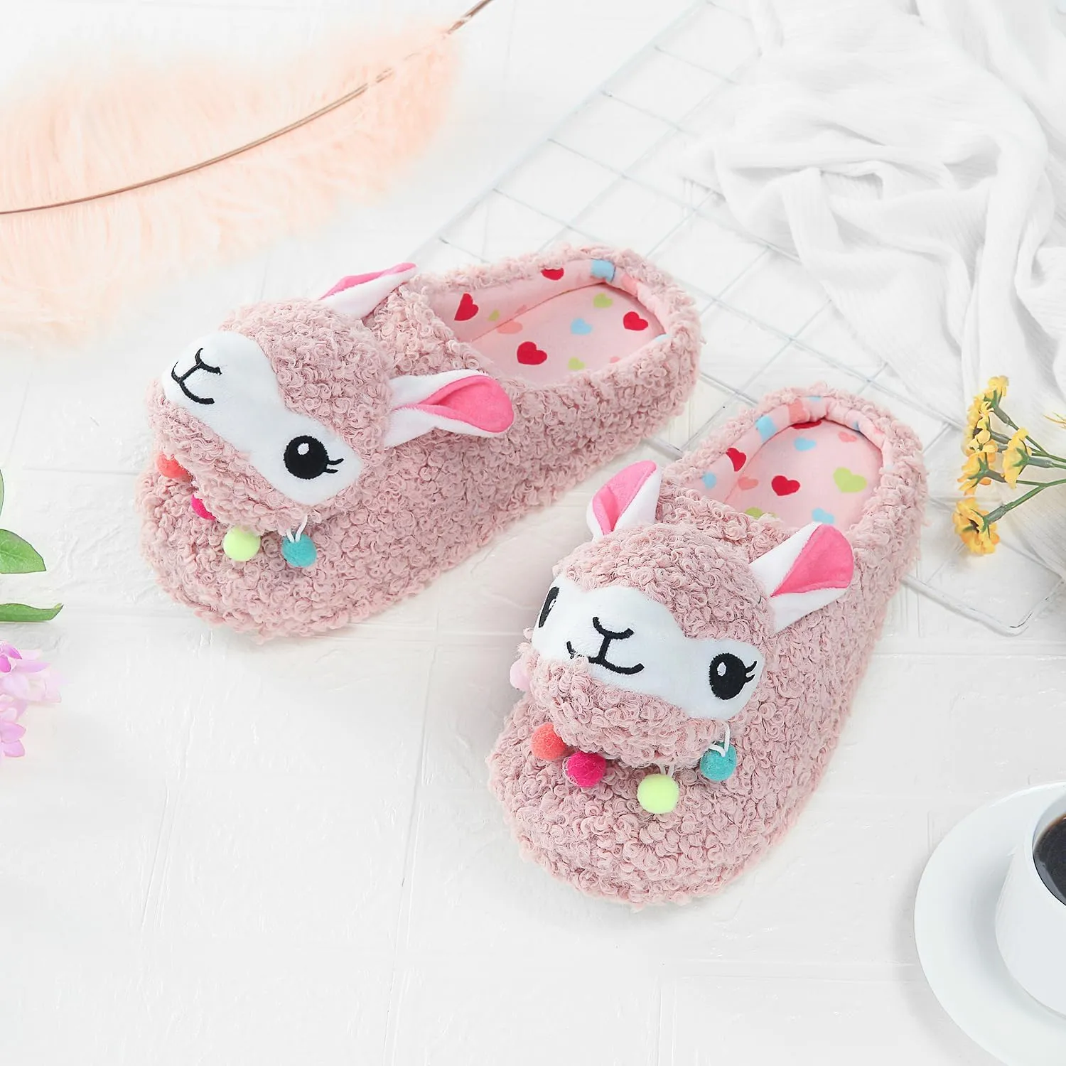 Cute Animal Slippers - Soft Fuzzy Alpaca & Llama Memory Foam for Women - Indoor Warm Non-Slip Bedroom Slippers