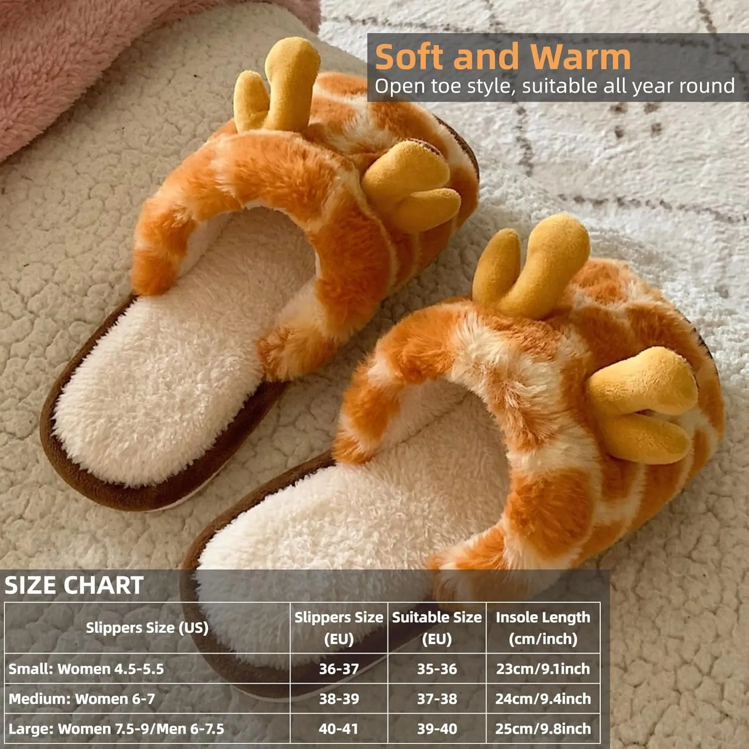 Cute Giraffe Slippers for Women Indoor Open Toe Cozy Fleece Cotton Home Slipper for Girls Winter Warm Soft Plush House Shoes Non Slip Soles Lightweight Portable
