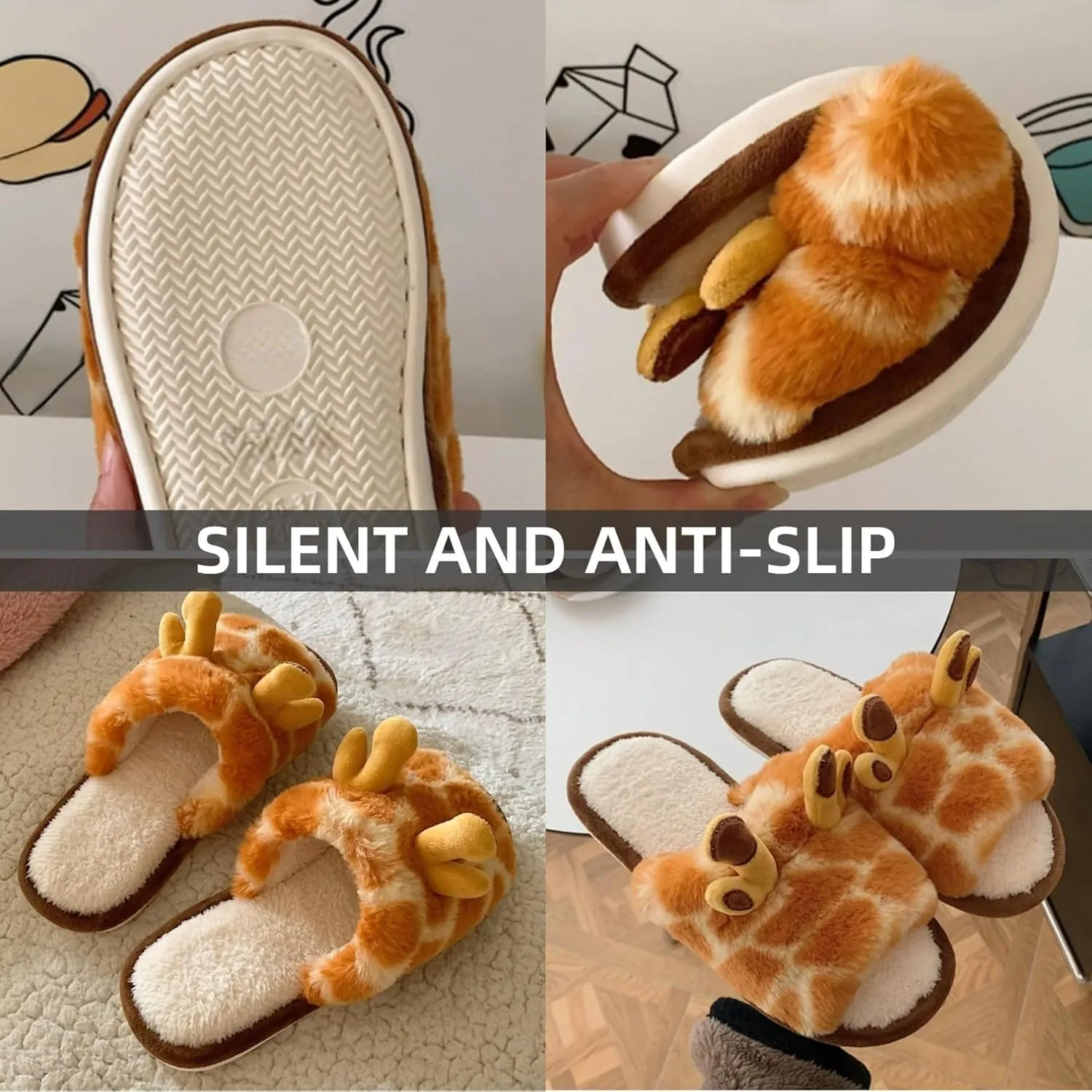 Cute Giraffe Slippers for Women Indoor Open Toe Cozy Fleece Cotton Home Slipper for Girls Winter Warm Soft Plush House Shoes Non Slip Soles Lightweight Portable