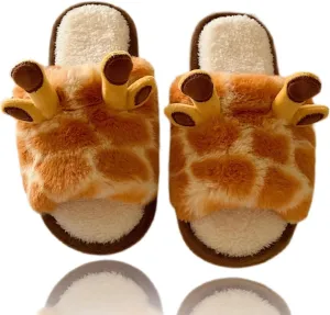 Cute Giraffe Slippers for Women Indoor Open Toe Cozy Fleece Cotton Home Slipper for Girls Winter Warm Soft Plush House Shoes Non Slip Soles Lightweight Portable