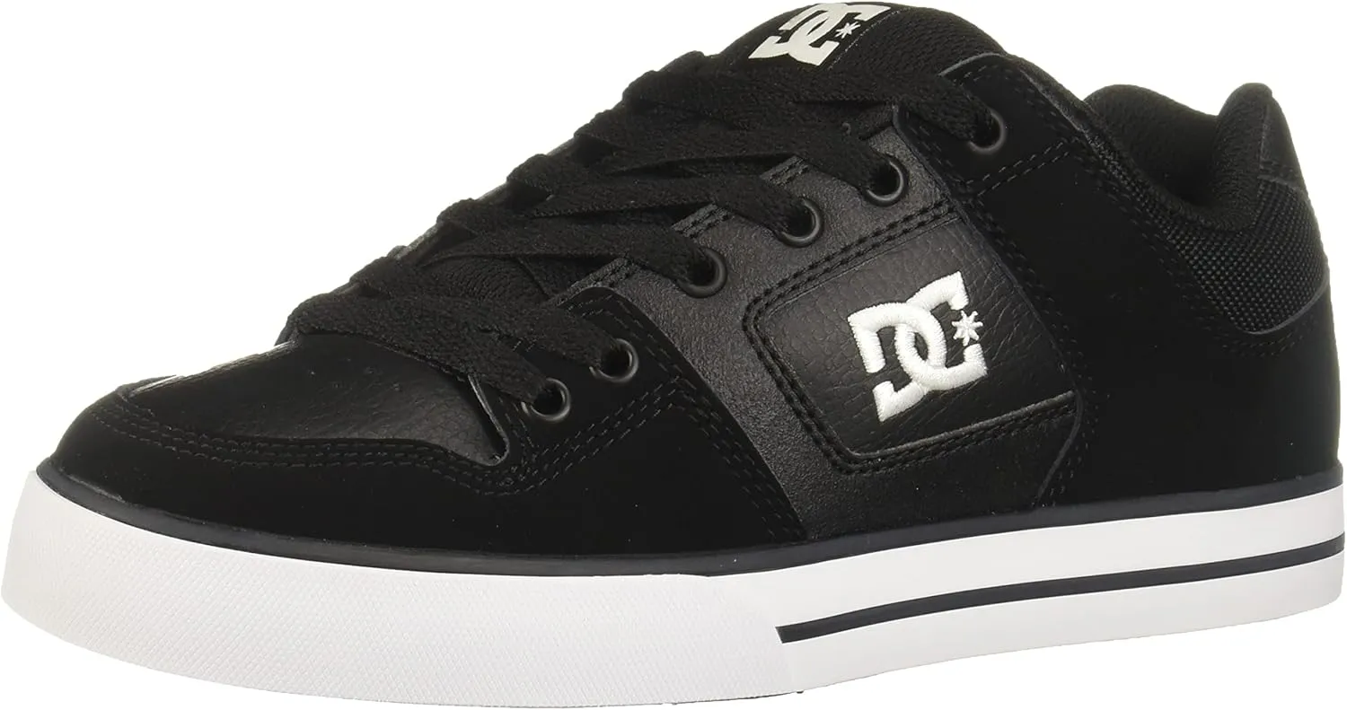DC Men's Pure Low Top Lace Up Casual Skate Shoe Sneaker, Black/Black/White, 8.5