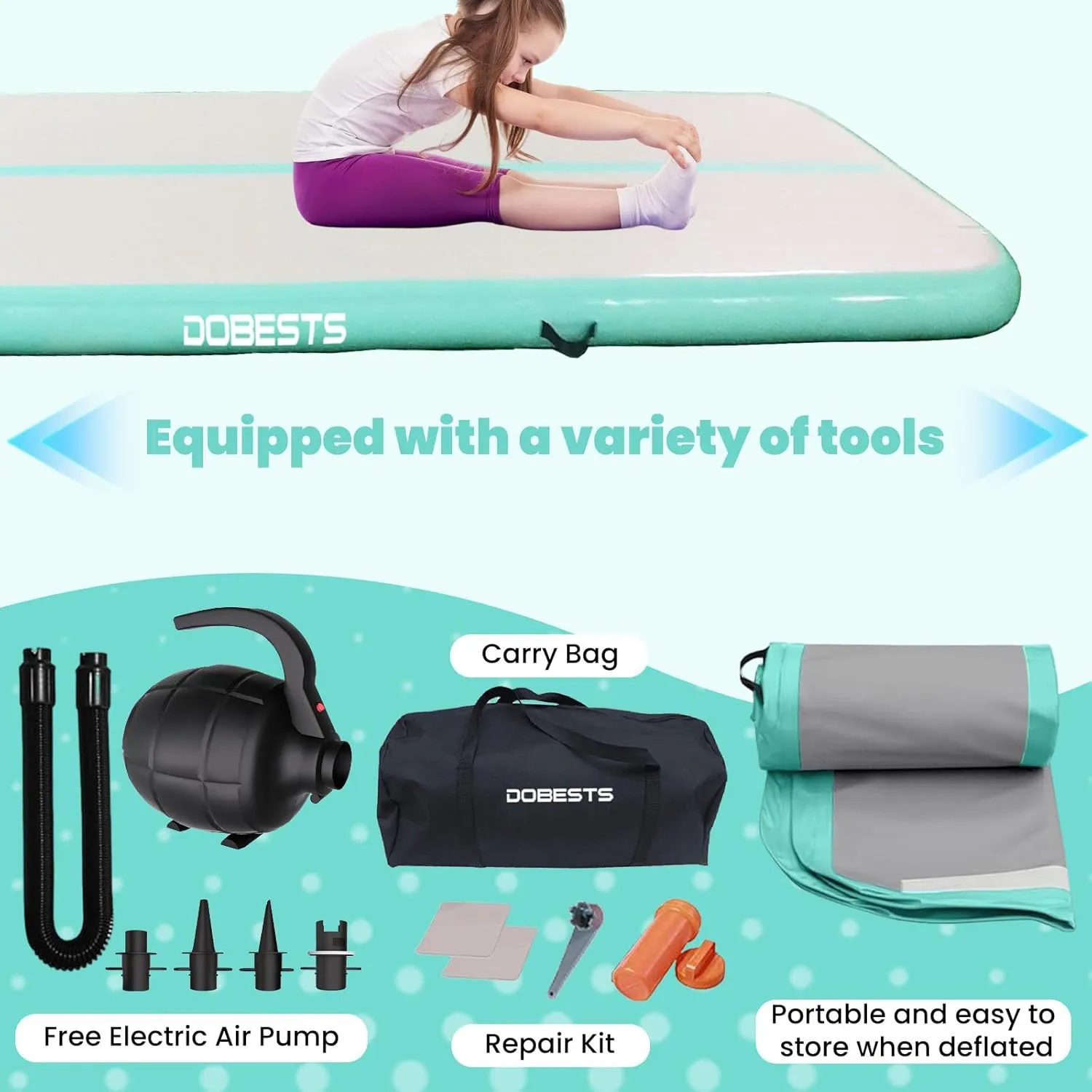 DOBESTS Inflatable Gymnastics Mat Air Track Tumbling Mats 6.6ft 10ft 13ft 16ft 20ft 4/8 Inch Thick Air Mat Tumble Track Air Barrel Gymnastics Roller Back Handspring Trainer