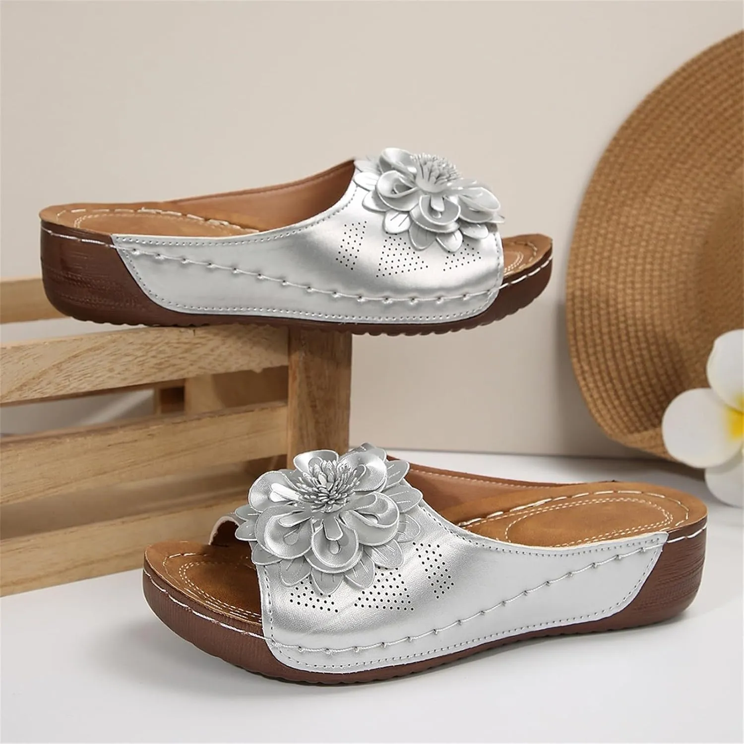 Dress Sandals for Women 2025 Comfortable Flower Sandals for Women Orthopedic Summer Beach Platform Leather Wedge Arch Support