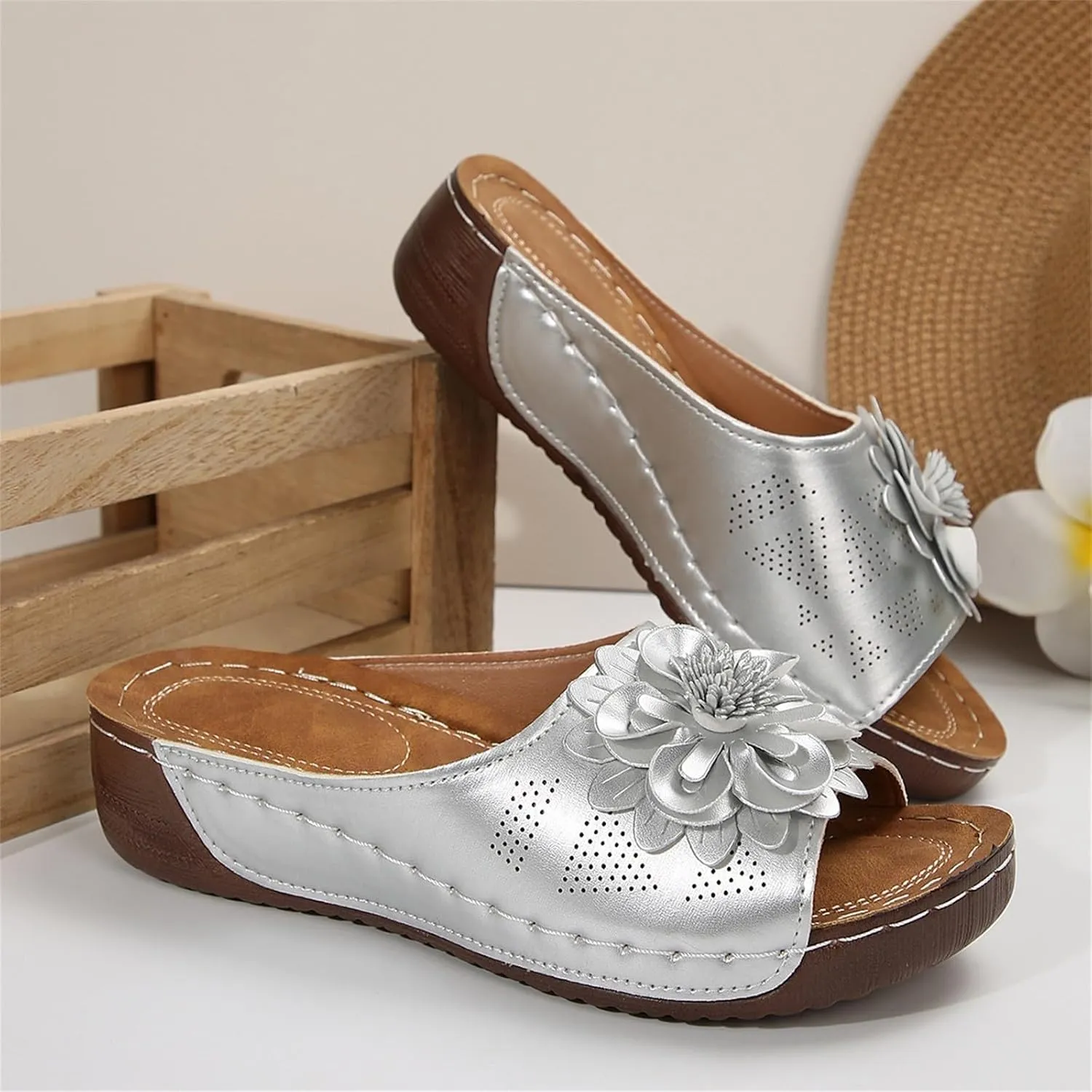 Dress Sandals for Women 2025 Comfortable Flower Sandals for Women Orthopedic Summer Beach Platform Leather Wedge Arch Support
