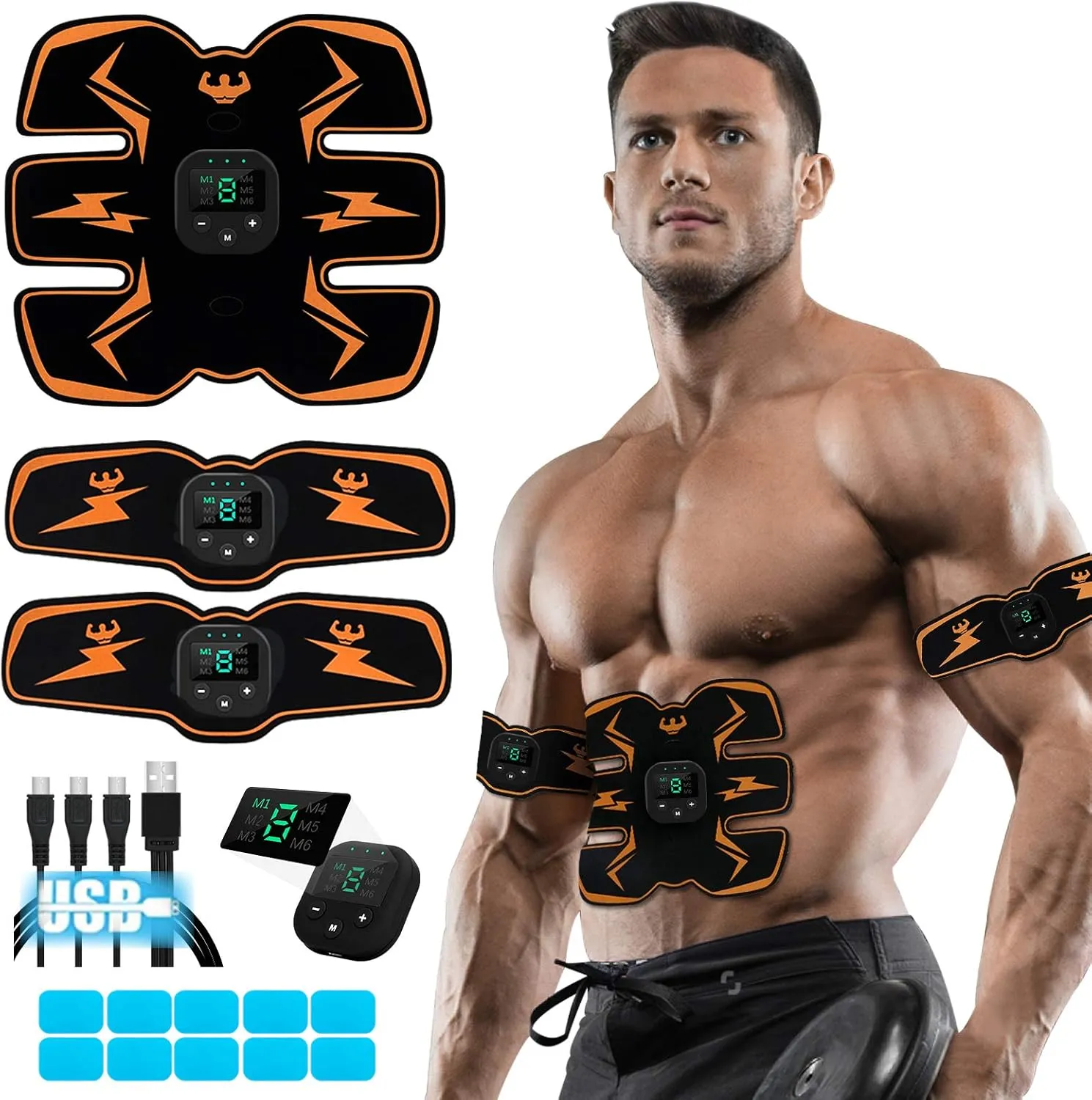 Electronic Muscle Stimulator, Abs Stimulator, EMS Abdominal Muscle Stimulator,Muscle Trainer,USB Rechargeable Gear for Abdomen/Arm/Leg, Ab Stimulator Equipment for Men Women,8 pcs Free Gel Pads