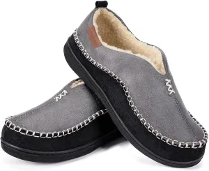 EverFoams Men's Moccasin Slippers Memory Foam Indoor/Outdoor Warm Suede House Shoes with Fuzzy Sherpa Lining