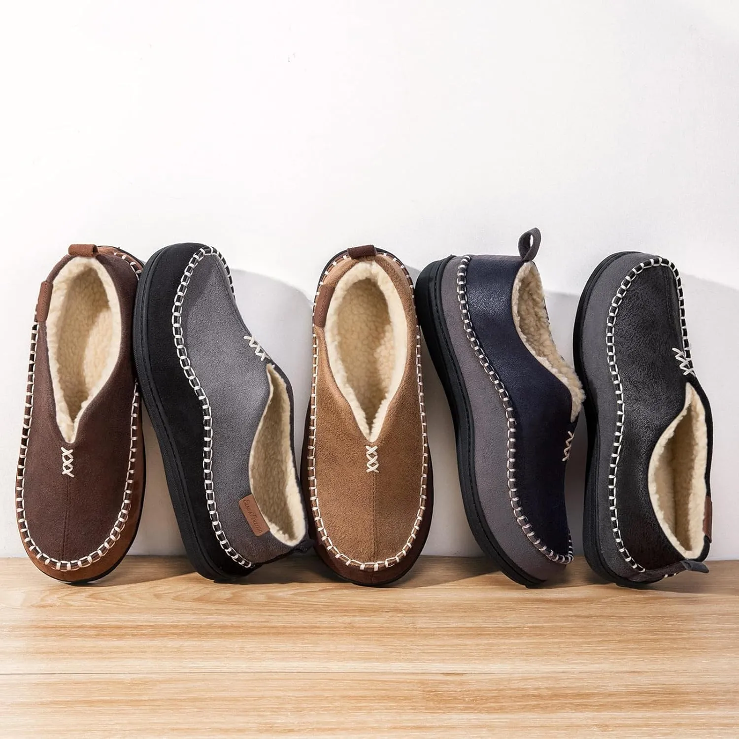 EverFoams Men's Moccasin Slippers Memory Foam Indoor/Outdoor Warm Suede House Shoes with Fuzzy Sherpa Lining