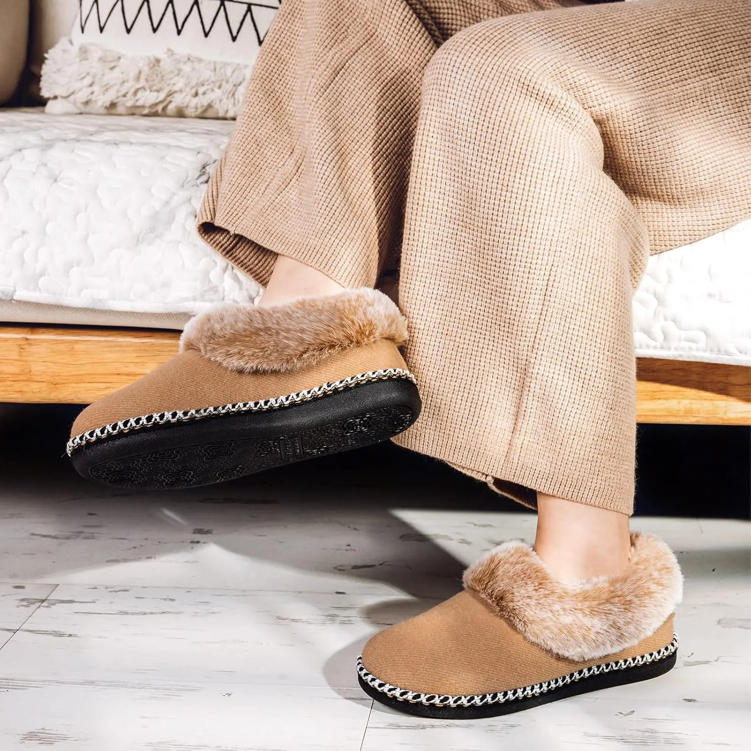 EverFoams Women's Bootie Slippers Warm Soft Comfy Memory Foam Non-slip Indoor House Shoes with Fluffy Collar