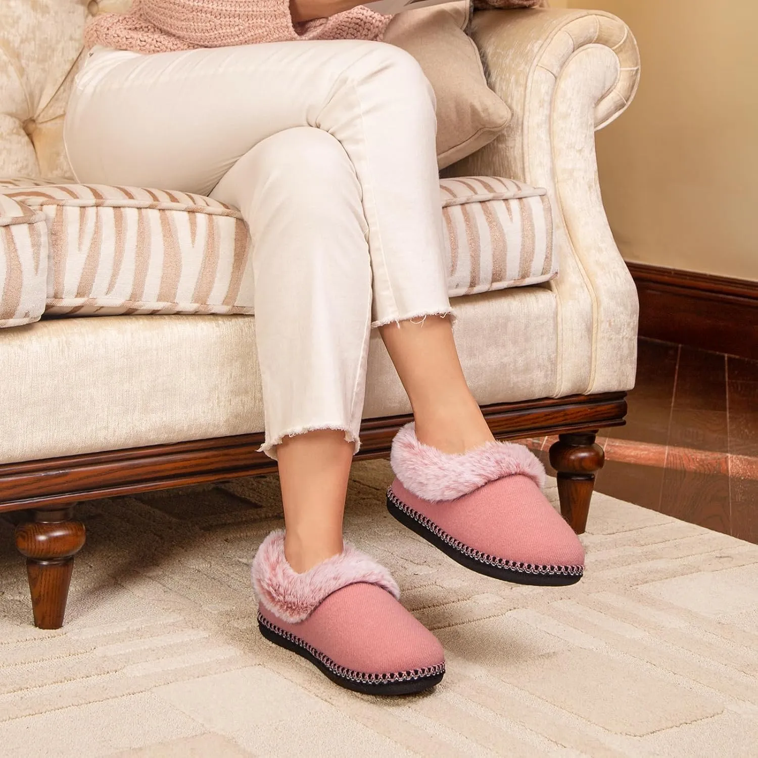 EverFoams Women's Bootie Slippers Warm Soft Comfy Memory Foam Non-slip Indoor House Shoes with Fluffy Collar